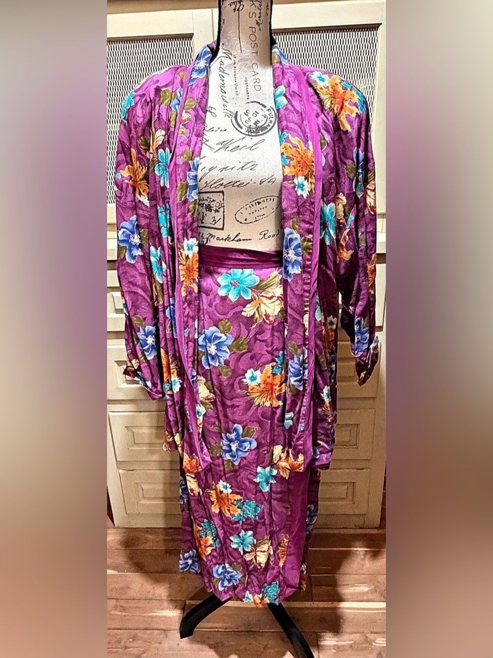 VTG August Max Woman Purple Blue Tropical Floral Kimono Duster Skirt Set